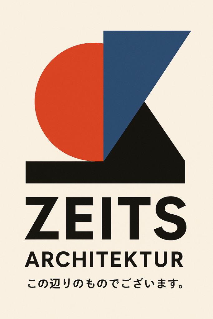 ザイツ建築株式会社のロゴポスター赤い半丸が日の丸を表し藍色の直角三角形が陰お表し二つの形状のもので陰陽をあらわすその横に黒いホームベース型で家をあらわす