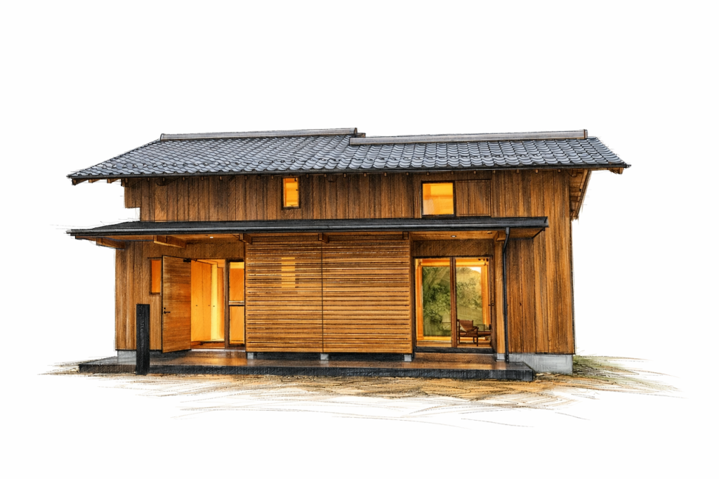 ザイツ建築株式会社のモデルハウス「てるおかの家」正面の外観のデッサンされた絵