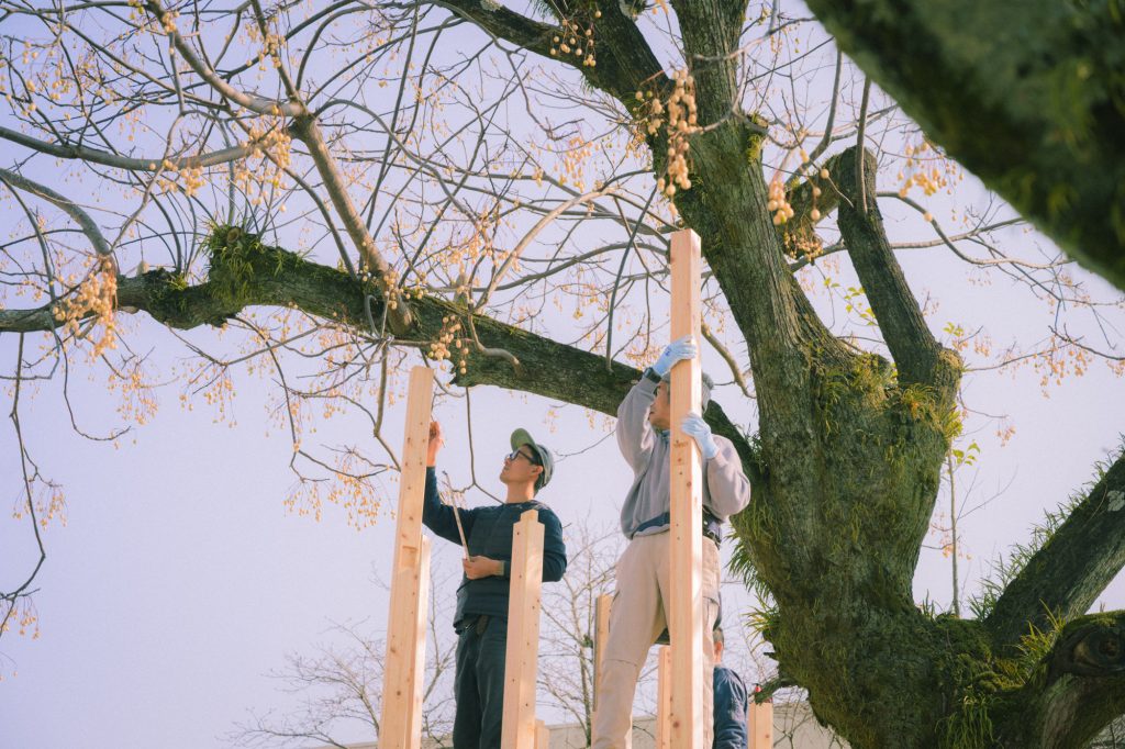 ザイツ建築株式会社が手掛ける大分県日田市にあるルーテルこども園の遊具「ハレルヤ」二人の男性が上を向き桧製の立っている柱の採寸をしている写真